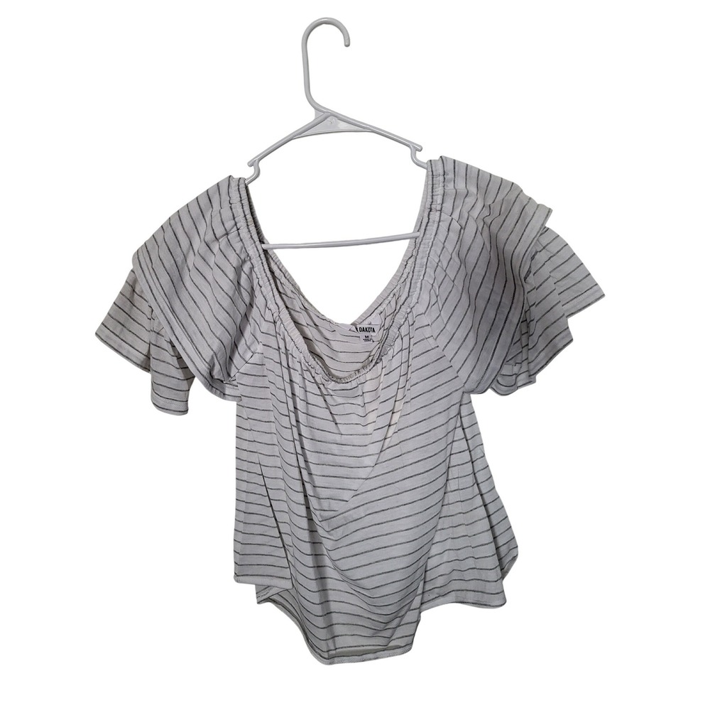 BB Dakota Lonna Tee Womens Medium White Grey Striped Ruffle Sleeve Top BI205556